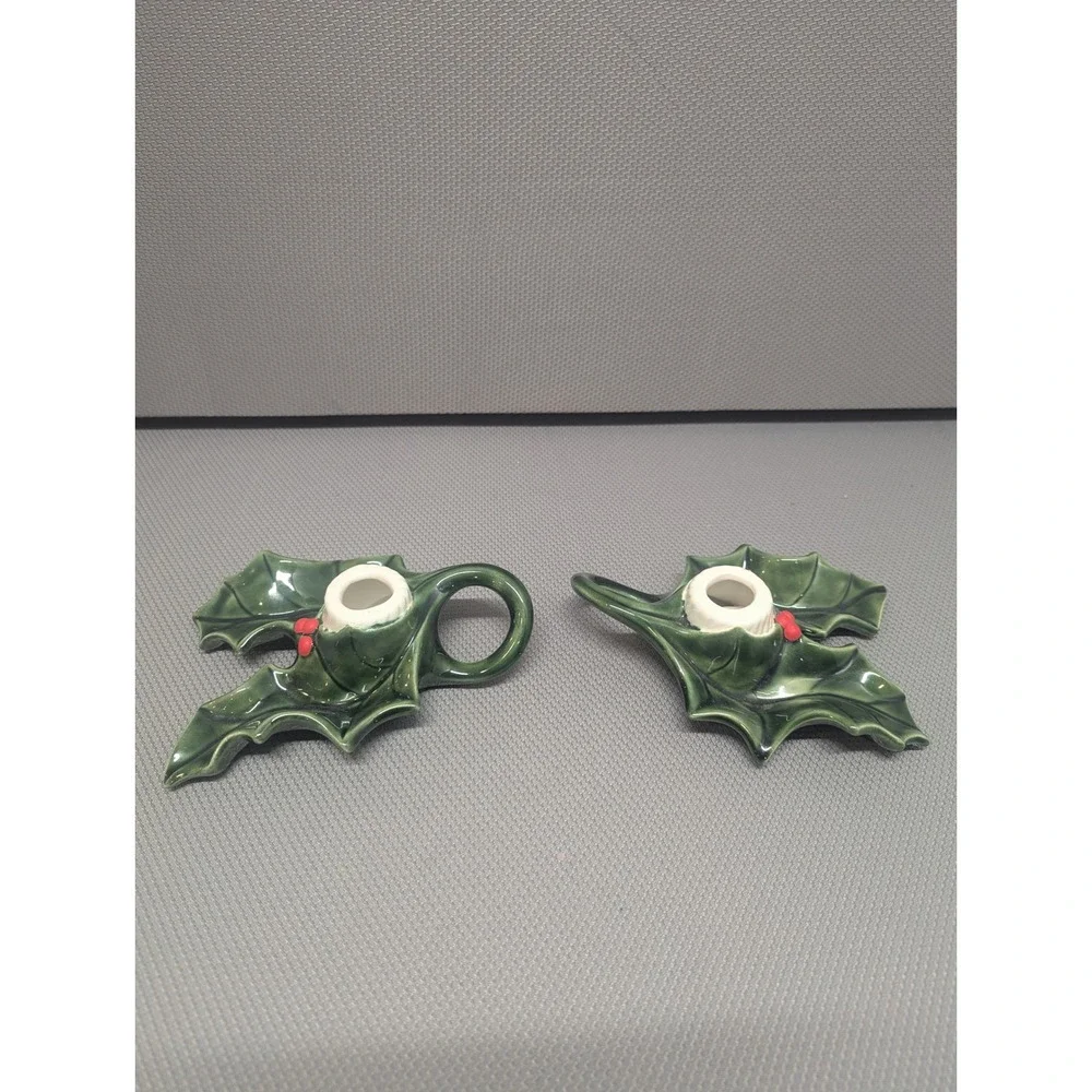 VTG Ceramic Holly Leaf Christmas Candle Holders Set of 2 Green Red Berry Signed